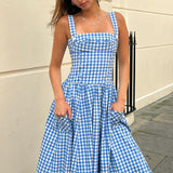 Dadizhimu Women's Summer Summer Idyllic Dress Blue Lattice Sling Dress Summer Women's High-End Holiday Dress