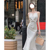 Dadizhimu Famous Temperament Dress Dress Rice White Hanging Neck Hanging Dress Female With Frontal Fishtail Long Dress