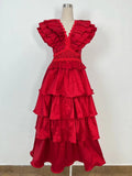 Dadizhimu And Summer 2024 New V-Neck Flying Sleeve Embroidery Splicing Wooden Ear Layer Mid-Long Dress Dress Australian Vacation