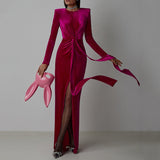 Dadizhimu Women's Fashion Round Collar Velvet Long Dress Tight Open Fork Dress Dress Long