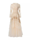Dadizhimu 2024 New Round-Necked Long-Sleeved Embroidered Lace Flower Yarn Heavy Industry Dress Dress Woman