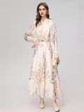 Dadizhimu 2024 New Women's Round-Neck Long-Sleeved Print Single-Dneck Belt-Sleve-Sleeved Dress With Long-Body Sweet Dress