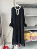 Dadizhimu And Autumn 2024 New Round-Necked Nail Pearl Feather Cuffs 100-Fold Loose Mid-Long Dress Dress Dress Women's Leisure
