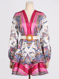 Dadizhimu Wind Print Lotus Leaf-Side Dress 2025 Summer New V-Neck Lantern Sleeves To Close The Waist Thin Skirt Woman