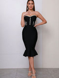 Dadizhimu Luxury Rich Family Gold Wind And Shoulder Bra With Chest Pad Water Drill Bag With Thumbs And Leaves Side Fishtail Dress Bandage Skirt