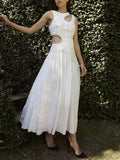 Dadizhimu Elegant Wind Waist Slim Dress 2025 Summer New Sleeveless Design Hollow Print Dress Woman