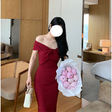 Dadizhimu Red French Champs-All Lys¨¦e Classic Shoulder Tea Dress High Waist Repair Body Scuffled Ass Bent Dress Woman