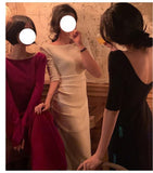 Dadizhimu Midsleeved Dress Women Waist French Hepburn Style Niche Design Shoulder Dress Dress