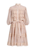 Dadizhimu Luxury Dress Women 2025 Spring New Hollow Lace Splicing Pearl Buckle Lantern Skirt