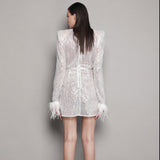 Dadizhimu Women's Sleeves Decorated Feather Dress Embellished Irregular Elegant Dress Woman