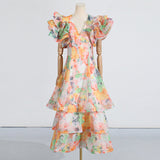 Dadizhimu Heavy Industry V-Neck Dress Dress Dress 2025 New Design-Sensitive Lotus Leaf Sleeve Long Dress
