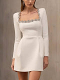 Dadizhimu Wind To Close The Waist Thin Dress 2025 New Temperament Square Collar Diamond Design Short Dress Woman
