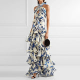Dadizhimu Temperament Elegant Wind To The Waist Thin Long Cake Dress 2025 New Design Printing Hanging Neck Dress Women's Summer