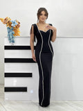 Dadizhimu Boutique Women's Low-Chest Sexy Heavy Industry Gorgeous Diamond Tudless Sleeve Banding Evening Dress