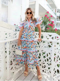 Dadizhimu Spring And Summer Australian National Wind Wave Side Lead Flying Sleeves Short-Sleeved Rope Waist Color Printed Dress