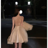 Dadizhimu Dinner Dress Dress French Gentle And Concubidal Milk White Three-Dimensional Rose Sexy Bare Back Sling Dress