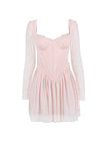 Dadizhimu Women's New Mesh Yarn Long-Sleeved Lace Spliced Fish Bone French Dress Barbie Cos Pink Dress