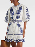 Dadizhimu Style Single Row Buckle Bubble Sleeve Skirt 2025 New Retro Embroidery Sketch Design Short Dress Women's Summer