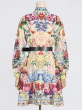 Dadizhimu Court Style Style Waist Short Dress 2025 New Collar Print Belt Design Short Dress Women's Summer