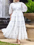 Dadizhimu Temperament Literary Style Embroidery Design Solid Color Dress 2025 New Lantern Sleeve Strap To Collect Waist Long Dress Dress Woman