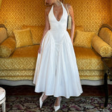Dadizhimu Women's New Hanging Neck Deep V Bare Back Dress Pure Style White Body Repair Mid-Long Dress High Sense