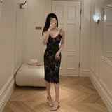 Dadizhimu Elegant Apricot Green Lace Dress Sling Dress Femininity Small Design Banquet Dress Dress With Hip Dress