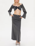 Dadizhimu Wind Two Sets 2025 New One-Word Shoulder Hanging Neck Short Top + Open Skirt Dress Suit Woman