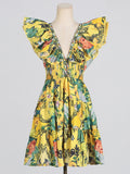 Dadizhimu Trendy Design Dress 2025 New Fashion Flying Sleeve Print Lotus Leaf Side A Short Skirt Woman Trend