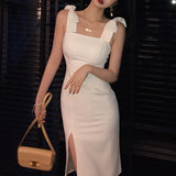 Dadizhimu Temperament White Bows And Shoulders Sexy Annual Simple Elegant Dress Bodybling Buffet Dress Dress With