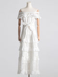 Dadizhimu Shoulder-To-Shoulder-Backed T-Shirt Dress Woman 2025 Spring New Fashion Fashion Splicing Lace Waist Long Skirt