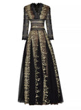 Dadizhimu Collar Nine-Sleeves To Close The Waist Fluffy Swing Net Gold Embroidered Dress Dress Long Dress