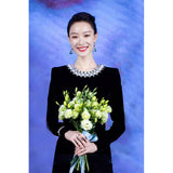 Dadizhimu Star With The Same Temperament Evening Dress Long-Sleeved Velvet Dress Annual Banquet Girl