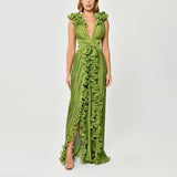 Dadizhimu Open Fork Dress 2025 New Autumn V-Neck Wood Ear Design High-Waist Long Dress Woman