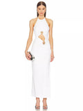 Dadizhimu Women's Sexy Hanging Neck-Laught White Long Skirt Ring Hollow Banding Dress
