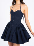 Dadizhimu Women's Clothing Pure Style Stripes Hanging Neck To Bare Back Dress Women's Small Women's High-End Small Skirt