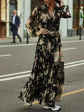 Dadizhimu And Summer New Holiday Style Single Buckle V-Neck A-Shaped Belt Retro Printed Short-Sleeved Dress Chiffon