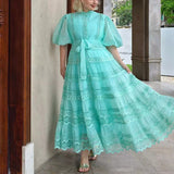 Dadizhimu Temperament Literary Style Embroidery Design Solid Color Dress 2025 New Lantern Sleeve Strap To Collect Waist Long Dress Dress Woman