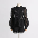 Dadizhimu New Design Embroidery Lace Fashion Suit Women Two Sets Of Lantern Sleeve Top + Casual Shorts Women