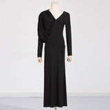 Dadizhimu Temperament Asymmetric Slimming Dress 2025 New V-Neck Design Pressure Fold Solid Color Dress Woman
