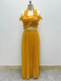 Dadizhimu Elegant Wind Two Sets 2025 New Chest Hanging Neck Loaf Side Top + High Waist Pressure Folded Skirt Dress