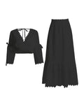 Dadizhimu Trendy Two-Piece Set 2025 New Fashion V-Neck Lace Embroidered Horn Sleeve Top + High-Waisted Long Dress