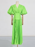 Dadizhimu Sensing With Belt And Rolling Skinny Dress 2025 Summer New Sexy Deep V Bubble Sleeve Design Dress Woman
