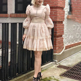 Dadizhimu Retro High-End Short Dress 2025 Summer New Fashion Collar Lantern Sleeve Mesh Waist Dress Dress Woman