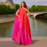 Dadizhimu Elegant Dress 2025 Spring New Slant Shoulder Splicing Colliding Color Niche Personality Loose Body Dress Dress Woman
