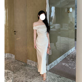 Dadizhimu Study Dress Elegant Bag Hip Dress A Word Shoulder-Singy-Faced Dress Women's French Dating Party Dress
