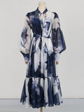 Dadizhimu Mesh Dress 2025 New Retro Ink Print Design Waist Long Dress Dress Woman