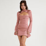 Dadizhimu New Printing Body Sexy Hollow Bare Back Net Red High Quality Women's Long-Sleeved Dress