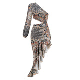 Dadizhimu Women's Fashion Sexy Body Repair Kite Skirt Slant Shoulder Crumid Flowers Irregular Lotus Leaf Dress Woman