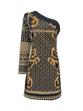 Dadizhimu Court Retro Style Dress 2025 New Slender Shoulder Collar Unilateral Sleeve High-End Print Short Dress Dress Woman