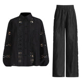 Dadizhimu Temperament Elegant Two Sets 2025 Summer New Fashion Collar Embroidered Shirt Top High Waist Straight Trousers Women
